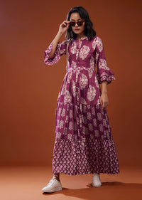 Magenta Pink Printed Silk Maxi Dress