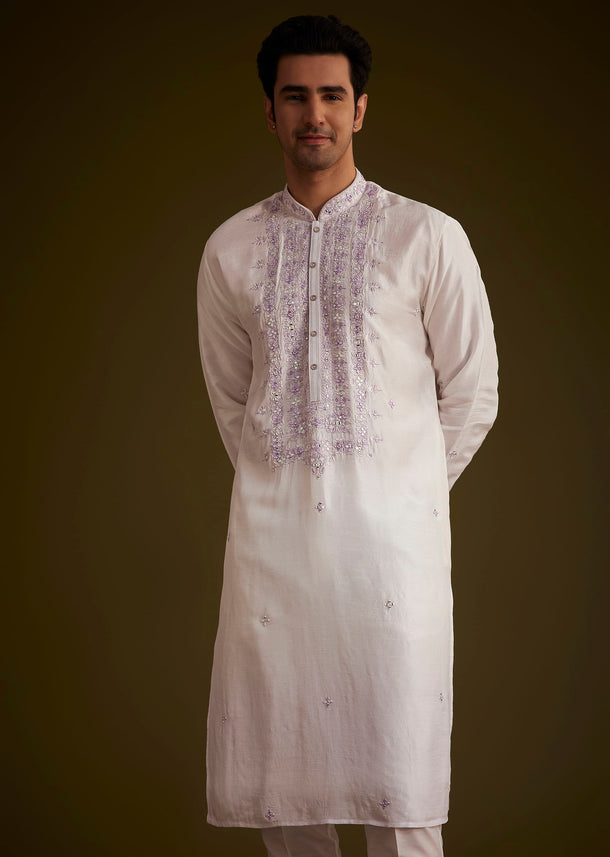 Lilac Silk Kurta Set With Mirror Embellishments