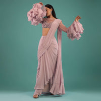 Lilac Snow Draped Ready Pleated Saree With A Cut Dana Embroidered Blouse Featuring Elaborate Ruffle Sleeves
