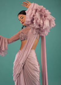 Lilac Snow Draped Ready Pleated Saree With A Cut Dana Embroidered Blouse Featuring Elaborate Ruffle Sleeves