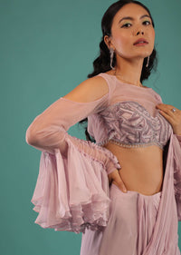 Lilac Snow Draped Ready Pleated Saree With A Cut Dana Embroidered Blouse Featuring Elaborate Ruffle Sleeves