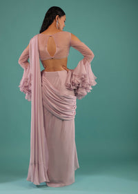 Lilac Snow Draped Ready Pleated Saree With A Cut Dana Embroidered Blouse Featuring Elaborate Ruffle Sleeves