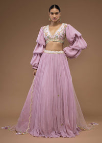 Lilas Lavender Lehenga And A Crop Top Set In Bishop Sleeves, Crafted In Georgette With Two-Toned Cut Dana Embroidery On The Waist Line