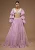 Lilas Lavender Lehenga And A Crop Top Set In Bishop Sleeves, Crafted In Georgette With Two-Toned Cut Dana Embroidery On The Waist Line