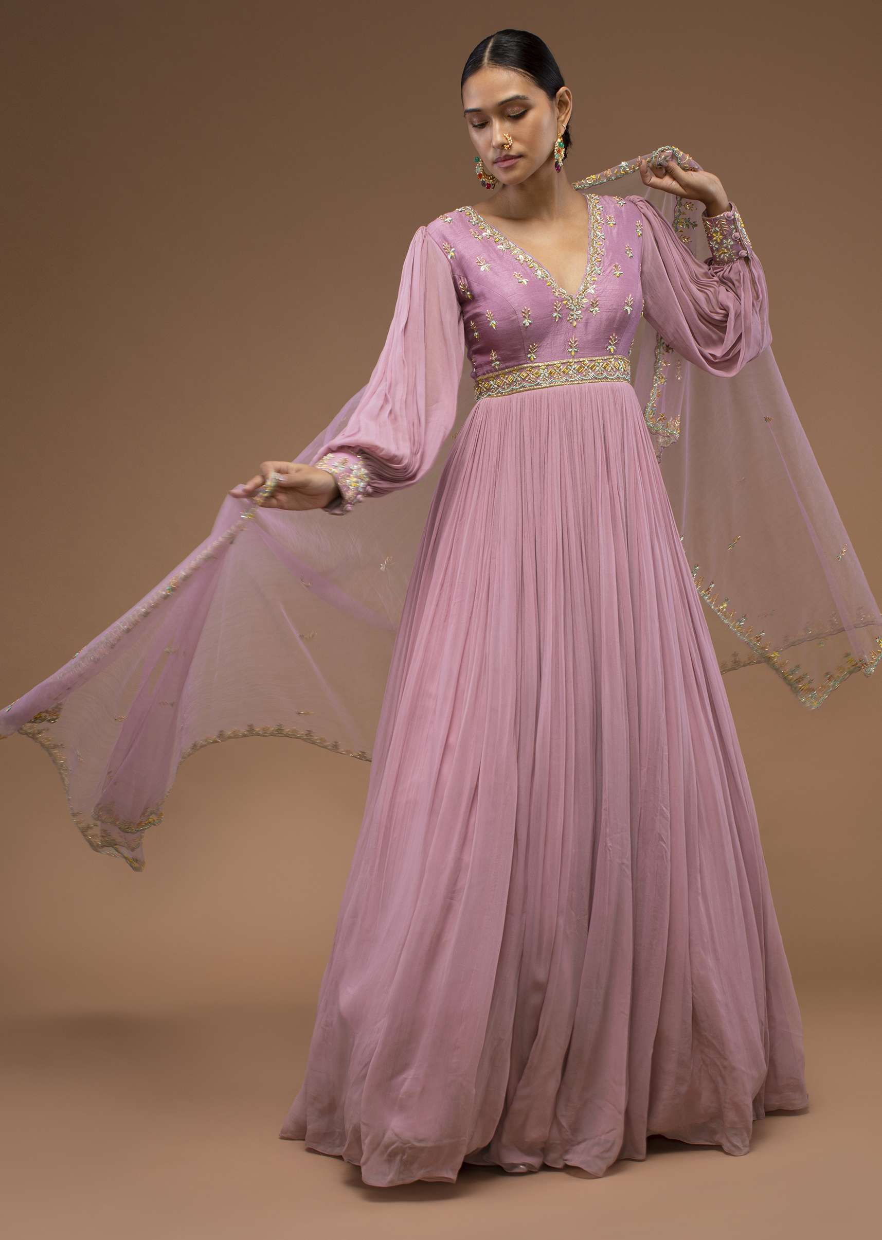 Lilas Pink Floor-Length Suit In Balloon Sleeves, Crafted In Georgette With A Scalloped Neckline And Moti, Cut Dana Embroidery On The Yoke