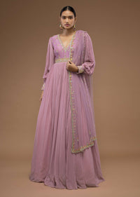 Lilas Pink Floor-Length Suit In Balloon Sleeves, Crafted In Georgette With A Scalloped Neckline And Moti, Cut Dana Embroidery On The Yoke