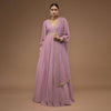 Lilas Pink Floor-Length Suit In Balloon Sleeves, Crafted In Georgette With A Scalloped Neckline And Moti, Cut Dana Embroidery On The Yoke