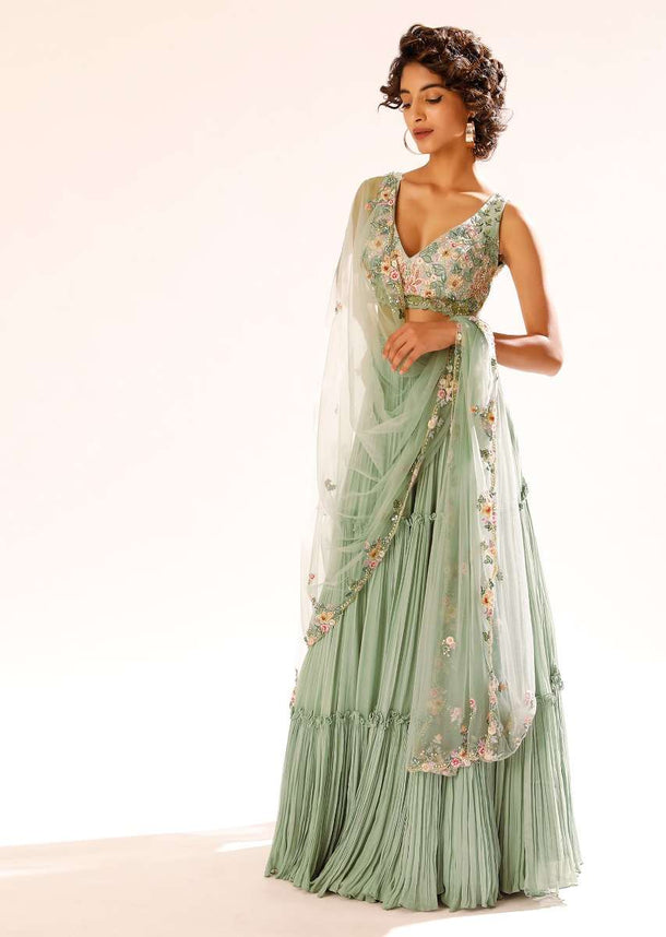 Lily Green Tiered Lehenga With Colorful Resham And Moti Embroidery In Floral Motifs
