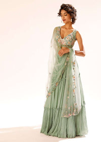 Lily Green Tiered Lehenga With Colorful Resham And Moti Embroidery In Floral Motifs