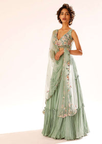Lily Green Tiered Lehenga With Colorful Resham And Moti Embroidery In Floral Motifs