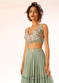 Lily Green Tiered Lehenga With Colorful Resham And Moti Embroidery In Floral Motifs