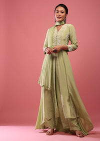 Pista Green Palazzo Suit With Embroidery And A High To Low Front Slit