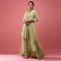 Pista Green Palazzo Suit With Embroidery And A High To Low Front Slit