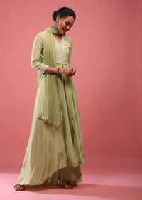 Pista Green Palazzo Suit With Embroidery And A High To Low Front Slit