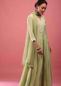 Pista Green Palazzo Suit With Embroidery And A High To Low Front Slit