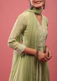 Pista Green Palazzo Suit With Embroidery And A High To Low Front Slit