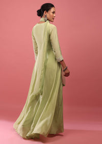 Pista Green Palazzo Suit With Embroidery And A High To Low Front Slit
