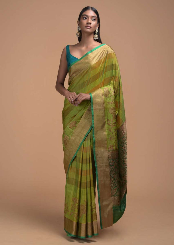 Lime Green And Gold Pure Handloom Saree In Tussar Silk With Stripes And Woven Floral Border Online - Kalki Fashion