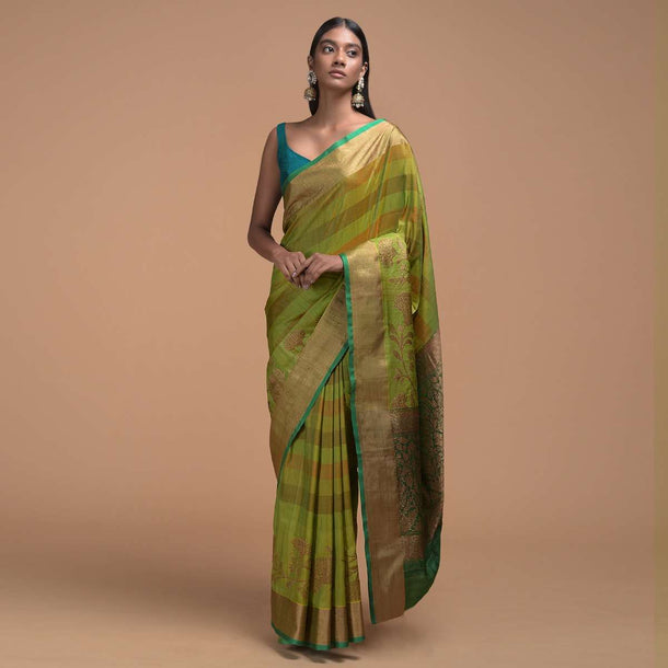 Lime Green And Gold Pure Handloom Saree In Tussar Silk With Stripes And Woven Floral Border Online - Kalki Fashion