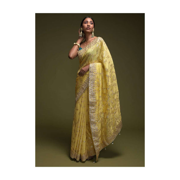 Lime Green Banarasi Saree In Silk Blend With Woven Floral Jaal Online - Kalki Fashion