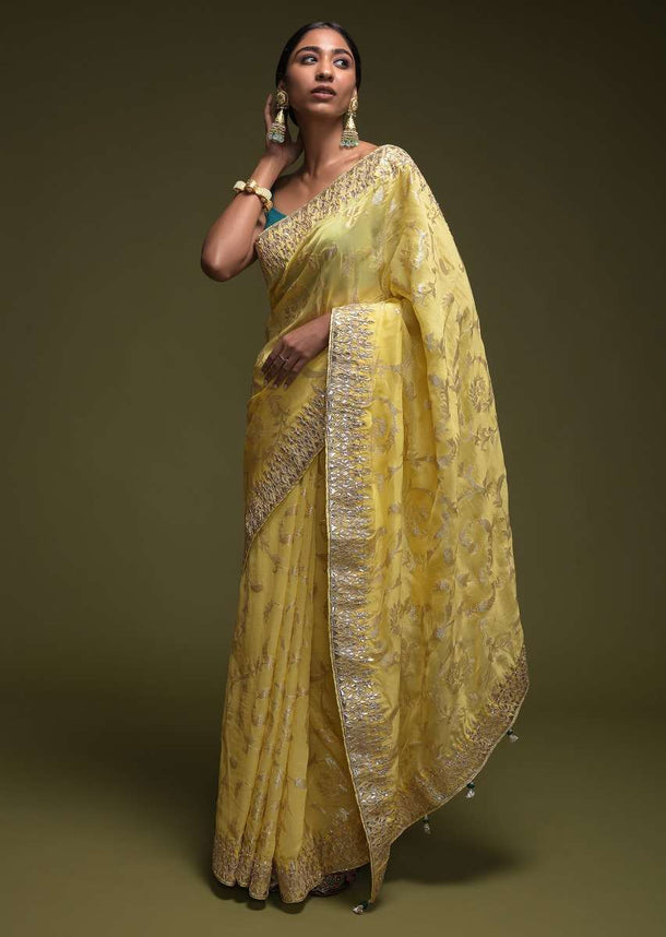 Lime Green Banarasi Saree In Silk Blend With Woven Floral Jaal Online - Kalki Fashion