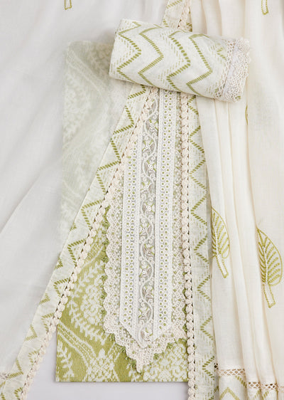 Lime Green Cotton Printed Unstitched Suit Set With Dupatta