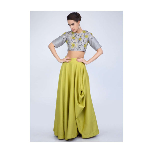 Lime Green Skirt With Cowl Drape And Grey Raw Silk Embroidered Crop Top Online - Kalki Fashion