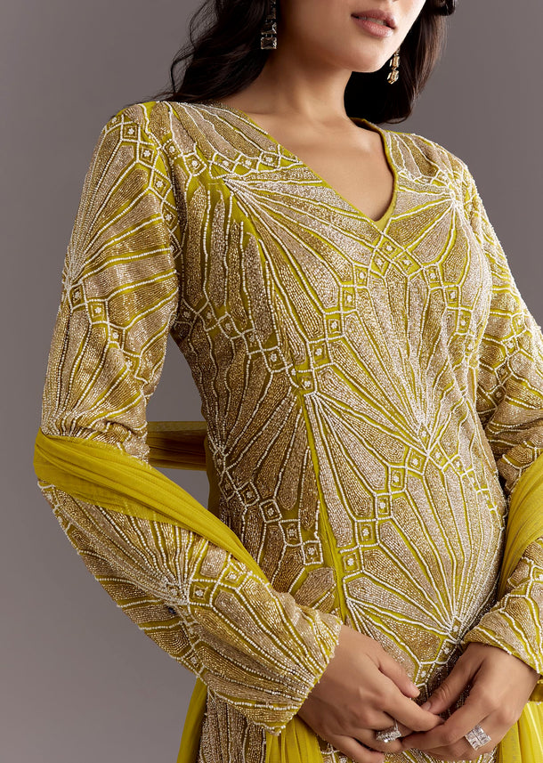 Lime Green Cutdana And Moti Work Kurta With Organza Sharara