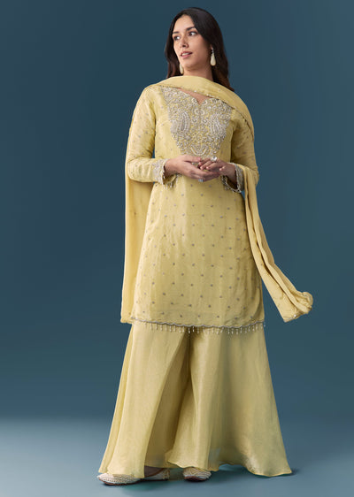 Lime Green Embellished Palazzo Suit Set With Dupatta