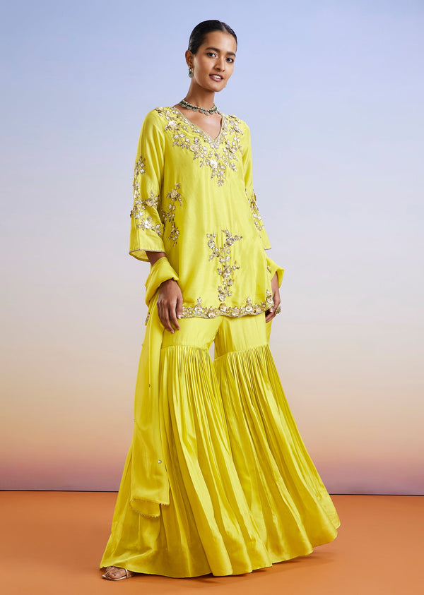 Lime Green Embroidered Silk Sharara Suit With Dupatta