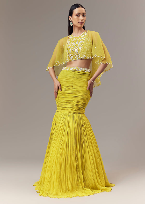 Lime Green Georgette Fish Cut Lehenga With High Halter Neck Blouse And Cape With Bead And Cut Dana Work