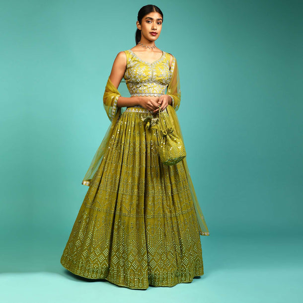 Lime Green Lehenga Choli In Georgette With Mirror Abla Work All Over And Matching Potli Online - Kalki Fashion