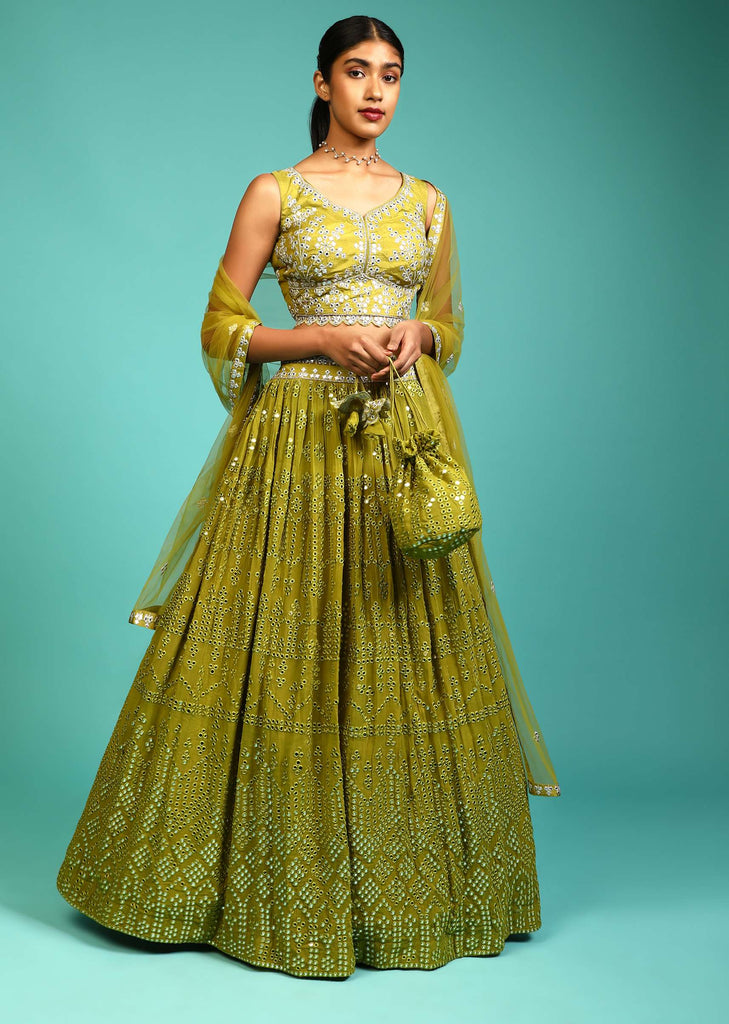 Lime Green Lehenga Choli In Georgette With Mirror Abla Work All Over And Matching Potli Online - Kalki Fashion