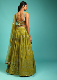 Lime Green Lehenga Choli In Georgette With Mirror Abla Work All Over And Matching Potli Online - Kalki Fashion