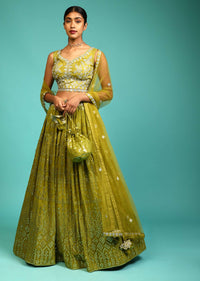 Lime Green Lehenga Choli In Georgette With Mirror Abla Work All Over And Matching Potli Online - Kalki Fashion