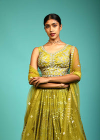 Lime Green Lehenga Choli In Georgette With Mirror Abla Work All Over And Matching Potli Online - Kalki Fashion