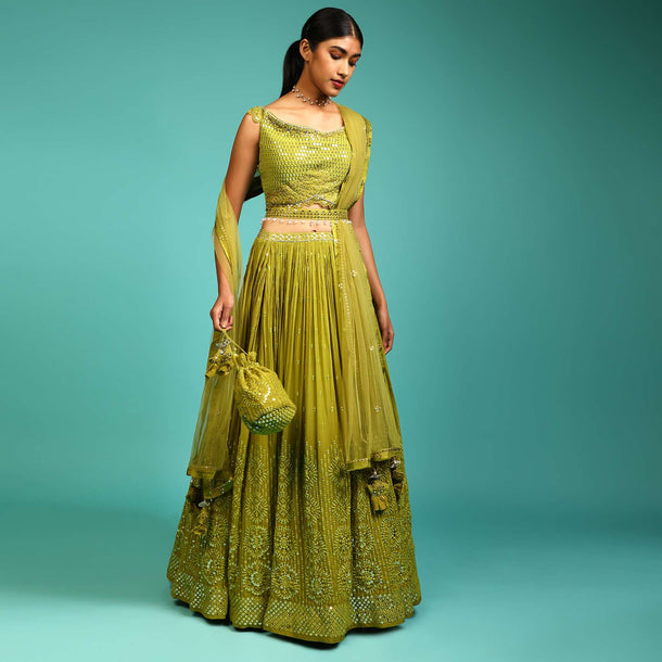 Lime Green Lehenga Choli In Georgette With Mirror Abla Work In Floral Motifs And Matching Potli Online - Kalki Fashion