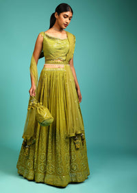 Lime Green Lehenga Choli In Georgette With Mirror Abla Work In Floral Motifs And Matching Potli Online - Kalki Fashion