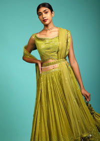 Lime Green Lehenga Choli In Georgette With Mirror Abla Work In Floral Motifs And Matching Potli Online - Kalki Fashion