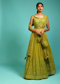 Lime Green Lehenga Choli In Georgette With Mirror Abla Work In Floral Motifs And Matching Potli Online - Kalki Fashion