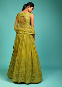 Lime Green Lehenga Choli In Georgette With Mirror Abla Work In Floral Motifs And Matching Potli Online - Kalki Fashion