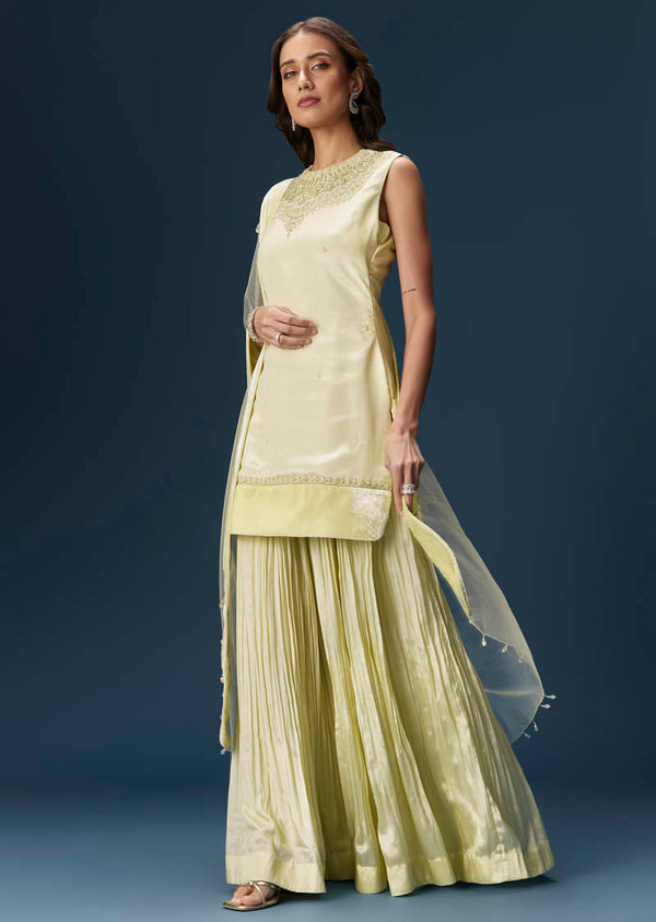 Lime Green Palazzo Suit With Embroidered Necklace