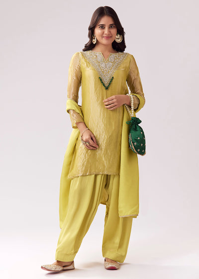 Lime Green Patiala Suit With Zardozi Sparkle