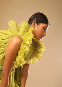 Lime Green Saree In Crepe With Elaborate Ruffle Sleeved Crop Top And Heavy Stone Embroidered Belt