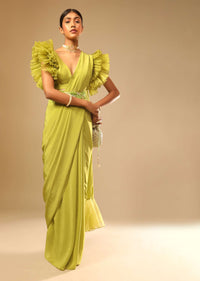 Lime Green Saree In Crepe With Elaborate Ruffle Sleeved Crop Top And Heavy Stone Embroidered Belt