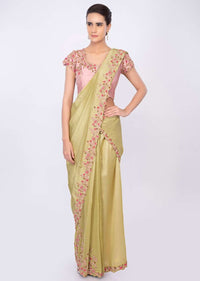 Lime green two piece saree with draped pleats and detached pallo only on kalki