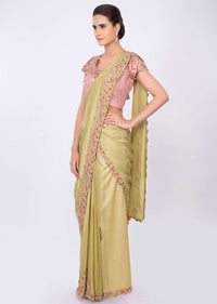 Lime green two piece saree with draped pleats and detached pallo only on kalki