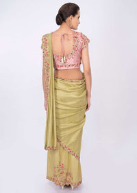 Lime green two piece saree with draped pleats and detached pallo only on kalki