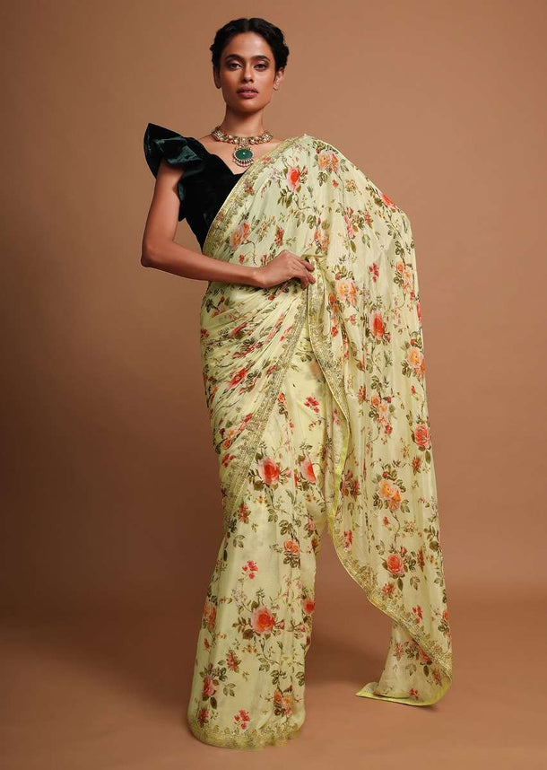 Lime yellow floral printed chiffon saree with cut dana embroidered butti and border Online - Kalki Fashion