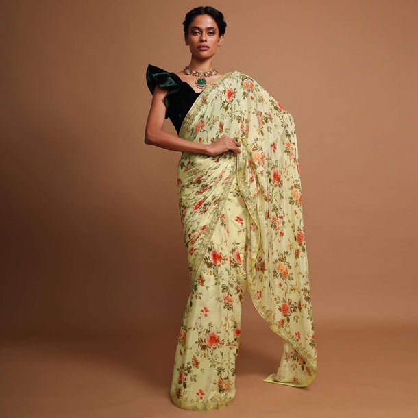 Lime yellow floral printed chiffon saree with cut dana embroidered butti and border Online - Kalki Fashion